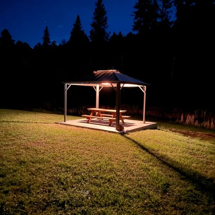 Cabin porch with rocking chairs overlooking pine forest